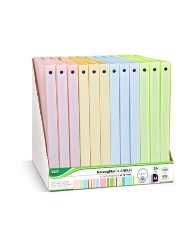 Espositore 24 raccoglitori 4 anelli Lebez in PP - A4 Ø 15 mm - colori pastello assortiti - 80981