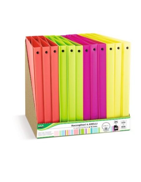 Espositore 24 raccoglitori 4 anelli Lebez in PP - A4 Ø 15 mm - colori neon assortiti - 80979