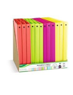 Espositore 12 raccoglitori 4 anelli Lebez in PP - A4 Ø 30 mm - colori neon assortiti - 80980