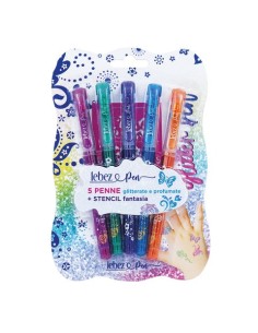 Penna gel glitter con cappuccio e inchiostro profumato + stencil Lebez - conf. 8 colori assortiti - 5320