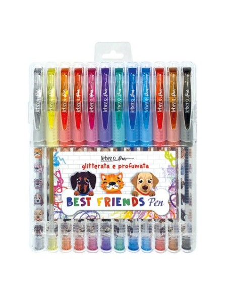 Penna gel glitter con cappuccio e inchiostro profumato Lebez Animals Soft Grip - conf. 12 colori assortiti - 81186