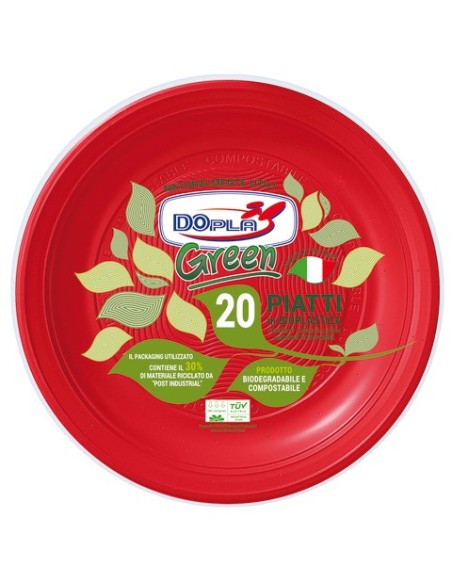Piatti piani biodegradabili e compostabili Dopla Green Ø 220 mm - colore rosso - conf. 20 pz - 40037