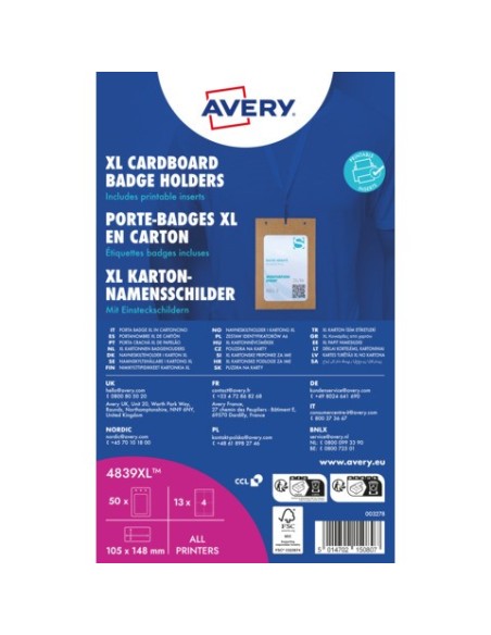Porta badge Avery A6 in cartoncino certificato FSC® - inserti in carta inclusi - conf. 25 pz  - 4839XL