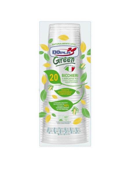 Bicchieri monouso in PLA Dopla Green 390 ml - conf. 20 pz - trasparente - 22708