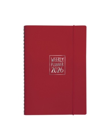 Agenda settimanale Biembi 2026 rosso magenta spiralata con copertina in cuoio rigenerato 15x21 cm -BNZ265C69-R