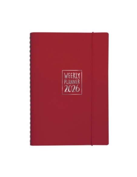 Agenda settimanale Biembi 2026 rosso magenta spiralata con copertina in cuoio rigenerato 15x21 cm -BNZ265C69-R