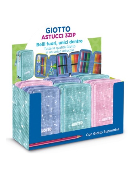 Espositore 6 astucci 3 zip Giotto Super Crystal collezione Supermina fantasie assortite - F964300