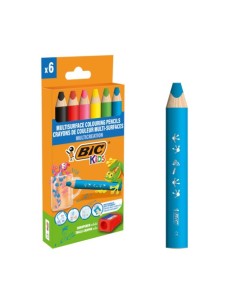 Matite colorate BIC Kids Multisurface con fusto triangolare in conf. 6 pezzi assortiti + temperamatite - 515220