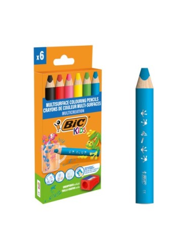 Matite colorate BIC Kids Multisurface con fusto triangolare in conf. 6 pezzi assortiti + temperamatite - 515220