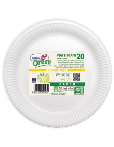 Piatti piani in fibra vergine Dopla Green Ø 230 mm bianco - conf. 20 pz - 11802