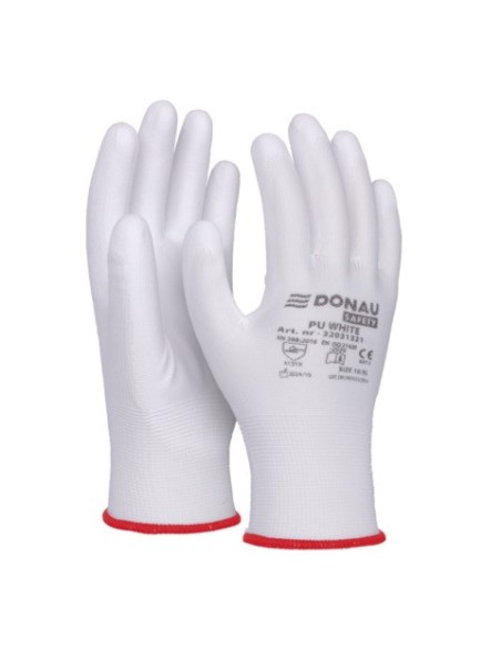 Guanti da lavoro Donau Safety in PL e spalmati di PU bianco sul palmo - Tg. 6 -  conf. 12 pz - 32031321-06