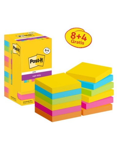 Foglietti riposizionabili Post-it® Super Sticky Carnival 76x76 mm 90 ff/cad. PROMO PACK 8+4 blocchetti gratis