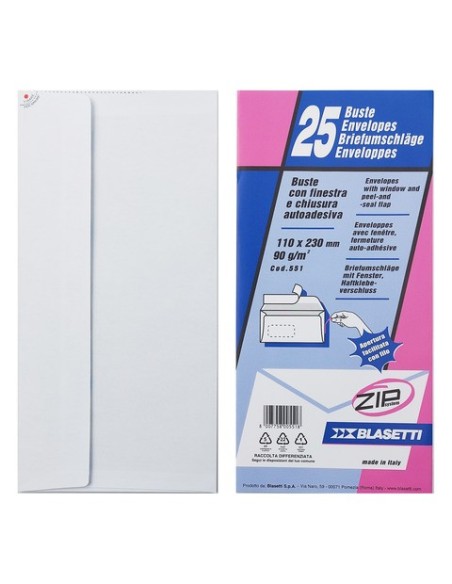 Buste Blasetti STRIP 90 g/m² bianco - conf. 25 pz - 110x230 mm - 551