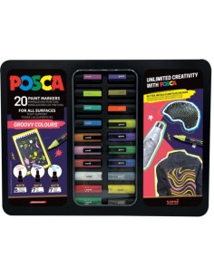 Valigetta in metallo Posca Groovy Colours da 20 marcatori a tempera - colori assortiti - M GROOVY 20P