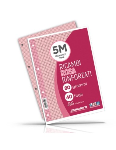 Ricambi rinforzati per quaderni ad anelli Blasetti - A4 - 80 g/m² - 40 ff - 5M - rosa - 7805