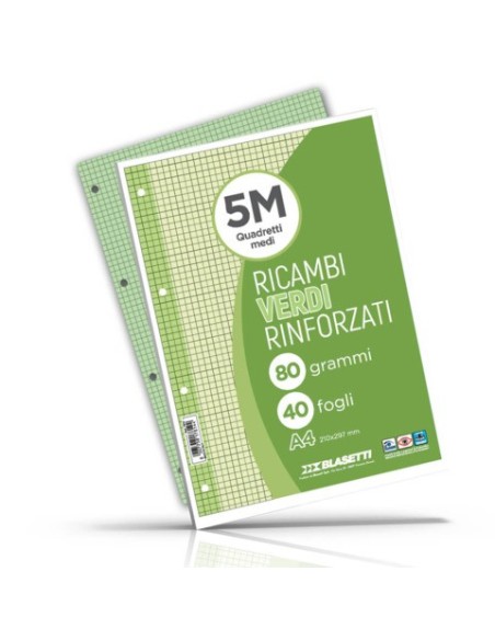 Ricambi rinforzati per quaderni ad anelli Blasetti - A4 - 80 g/m² - 40 ff - 5M - verde - 7814
